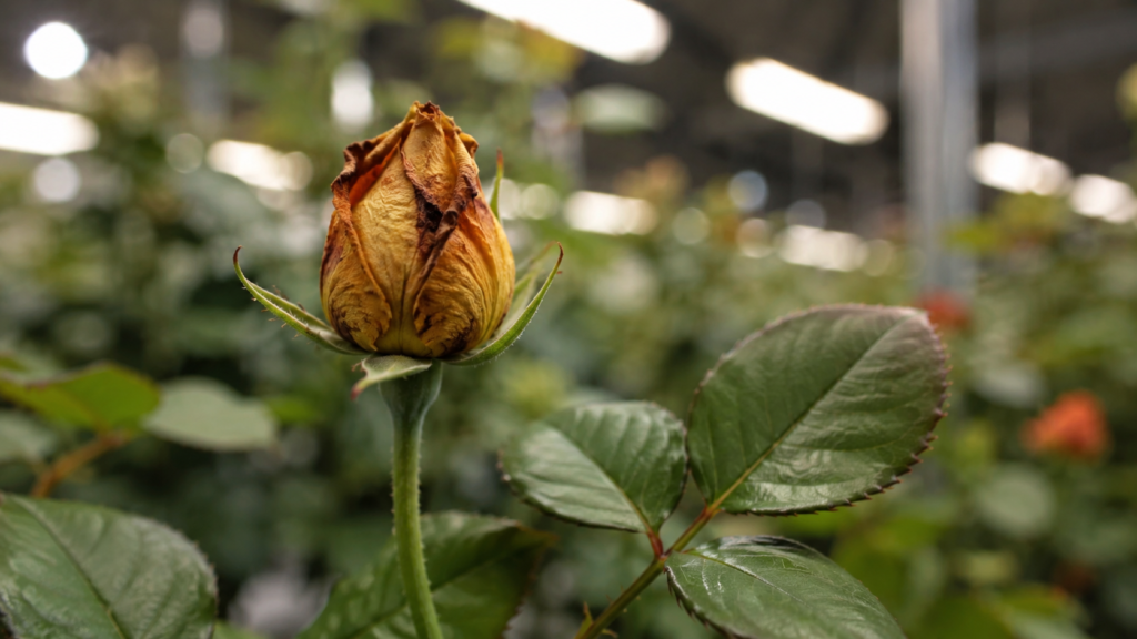 Hydroponic rose bud blast showing an aborted bud caused by high VPD and calcium transport failure indoors