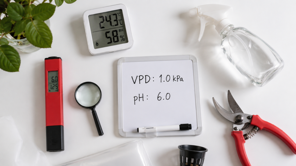 Hydroponic rose troubleshooting tools including VPD thermometer, pH meter, EC meter, and pruning shears for indoor growing