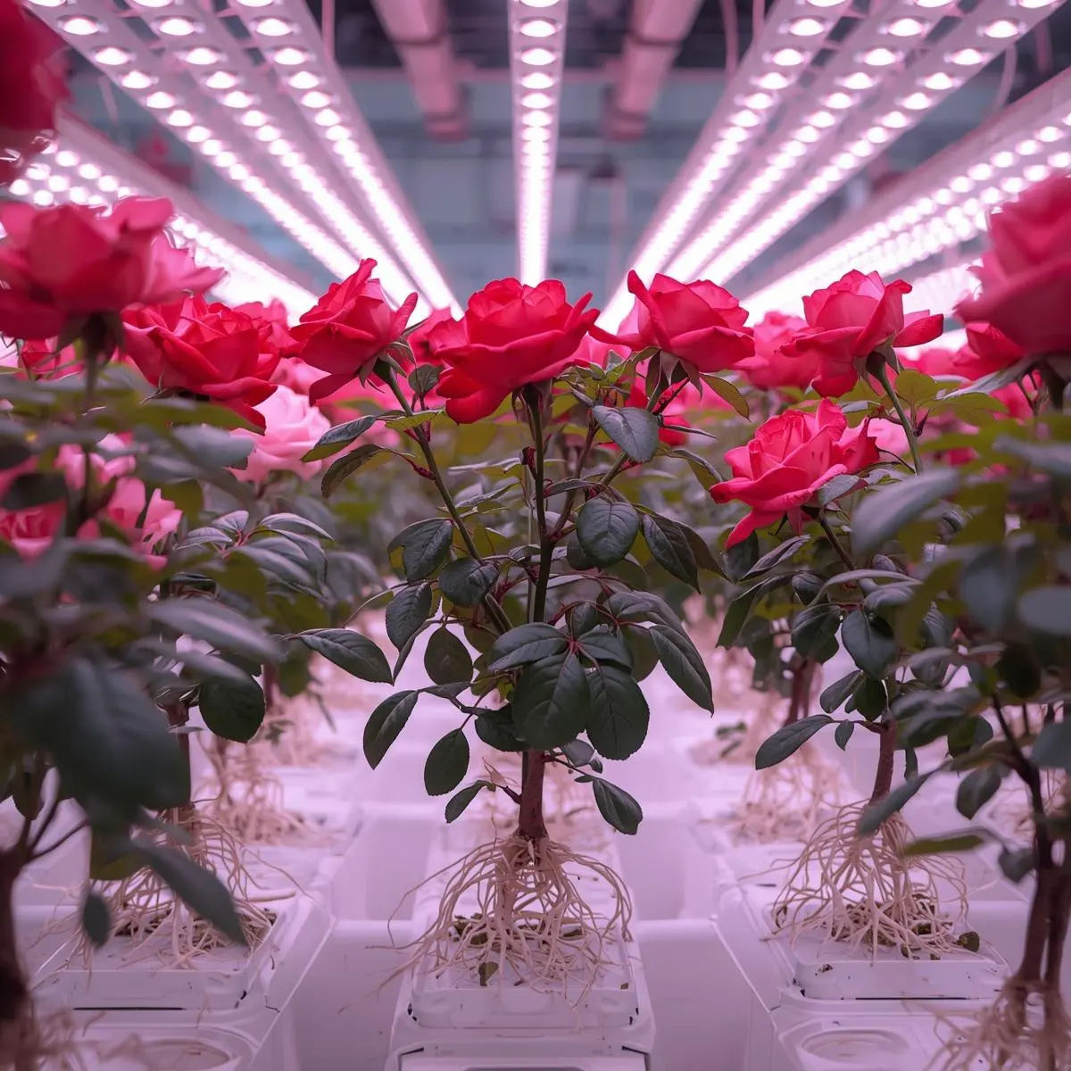 Healthy indoor hydroponic roses thriving under LED lights with visible white roots