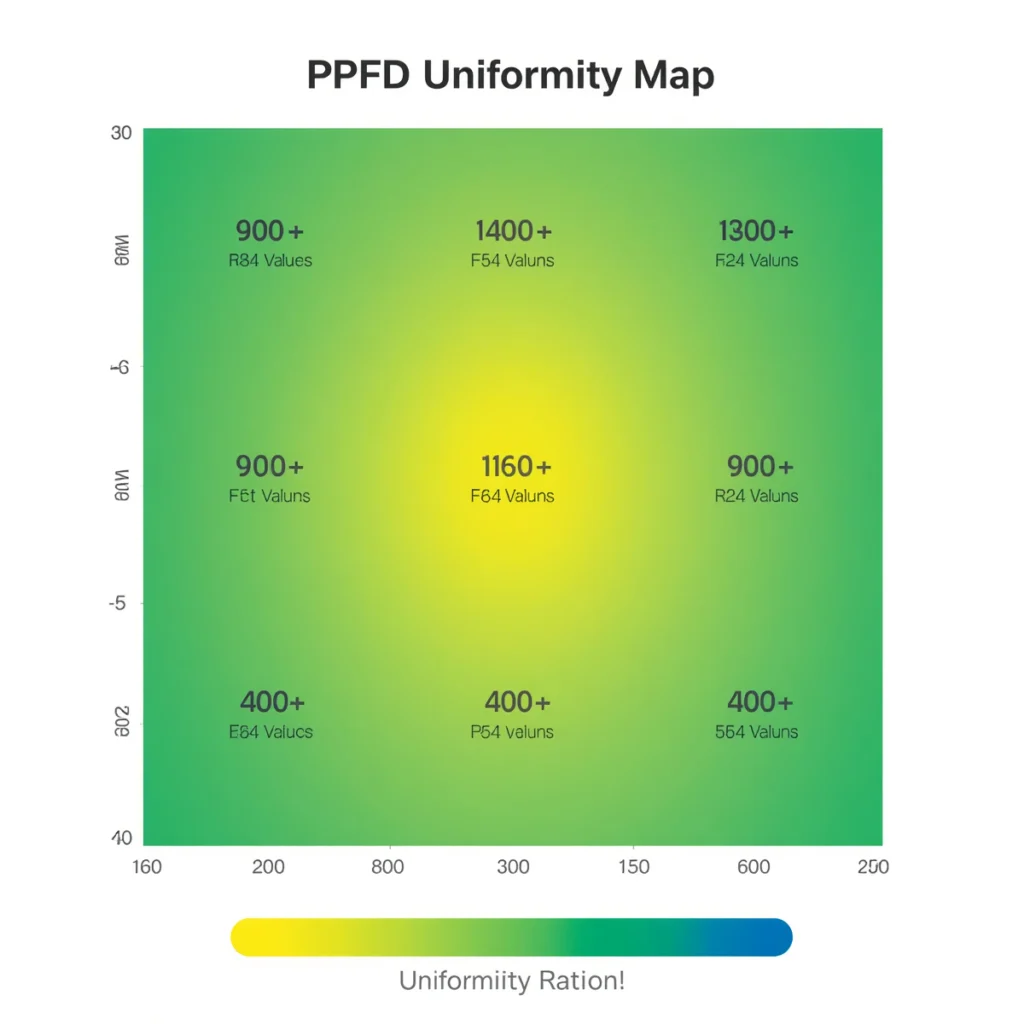 PPFD uniformity map for LED grow lights showing centre vs edge canopy coverage across 4x4 grow area