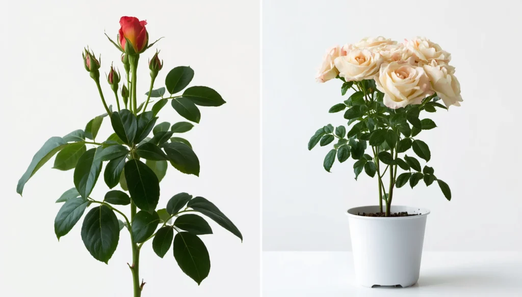 Side-by-side comparison of wrong rose variety with no blooms versus compact miniature hydroponic rose with full flowers