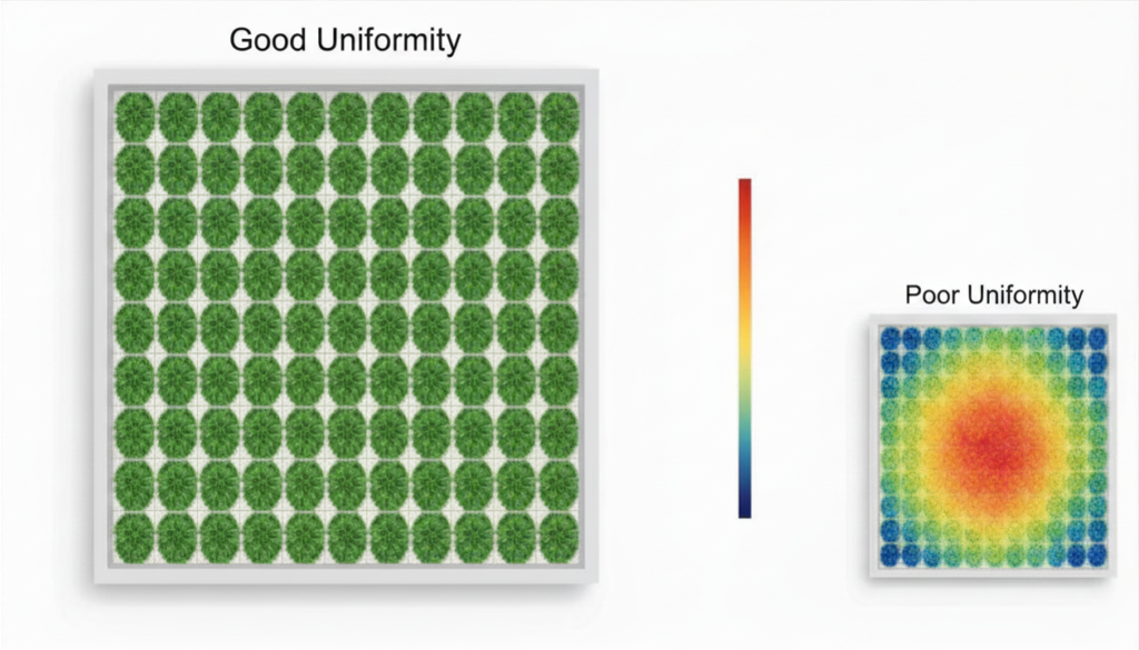 PPFD uniformity grid map comparing even commercial LED grow light distribution versus a hotspot pattern with poor edge coverage