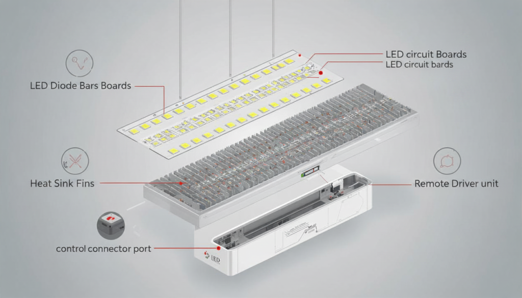 Labelled diagram of commercial LED grow light components including multibar diodes, heat sink, remote driver, and control port