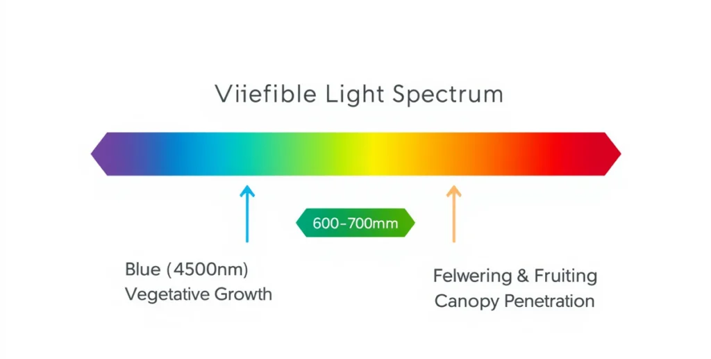 Grow light spectrum diagram showing blue wavelengths for vegetative growth and red wavelengths for flowering in indoor plants