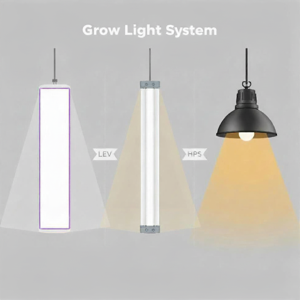 Comparison of three grow light system types: LED panel, T5 fluorescent tube, and HPS bulb with reflective hood