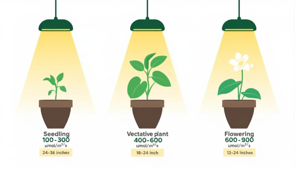 Indoor LED plant grow light hanging height guide showing PPFD targets for seedling, vegetative, and flowering growth stages