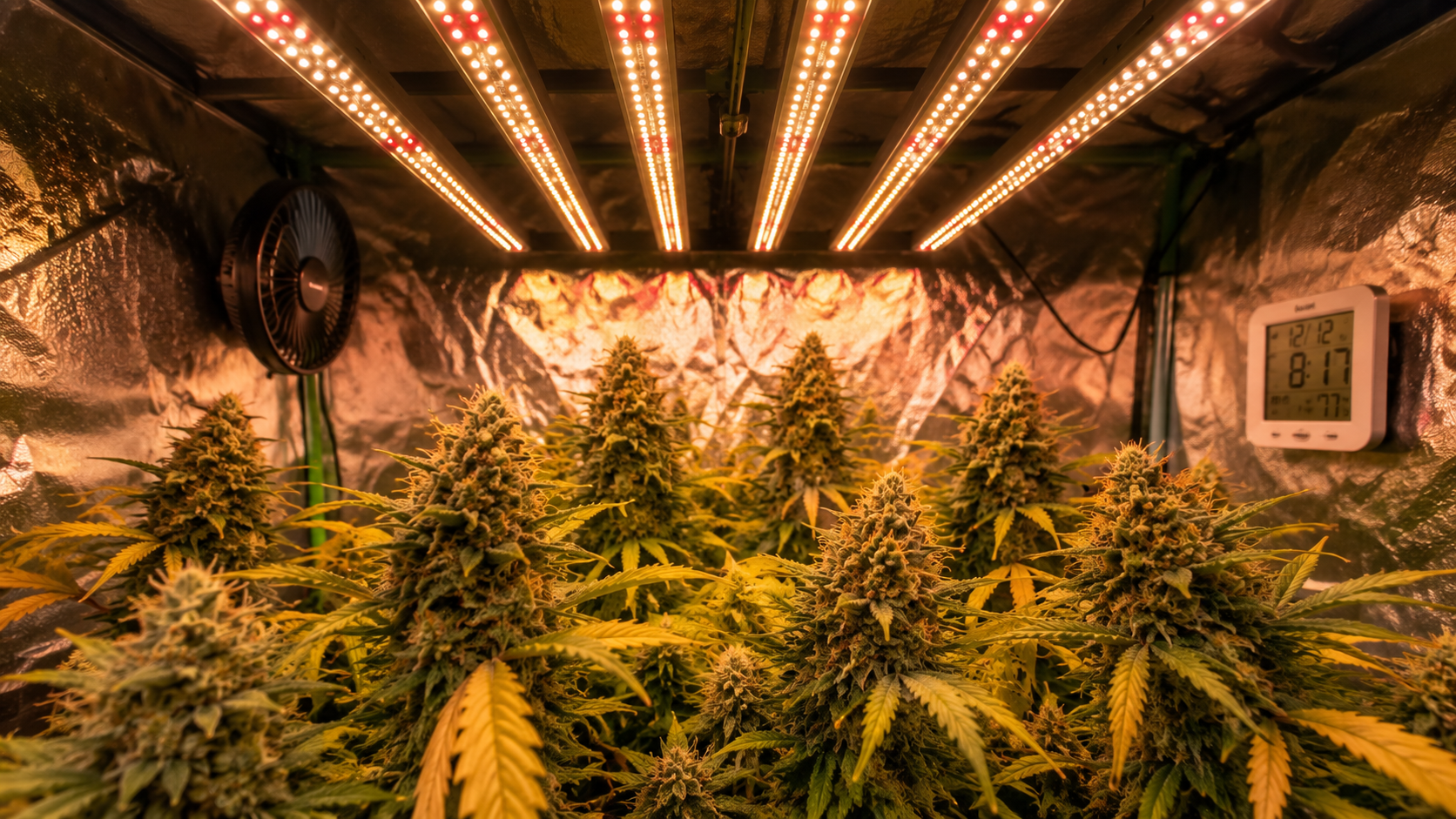 Flowering stage grow lights with red-dominant LED spectrum over dense indoor hydroponic plants