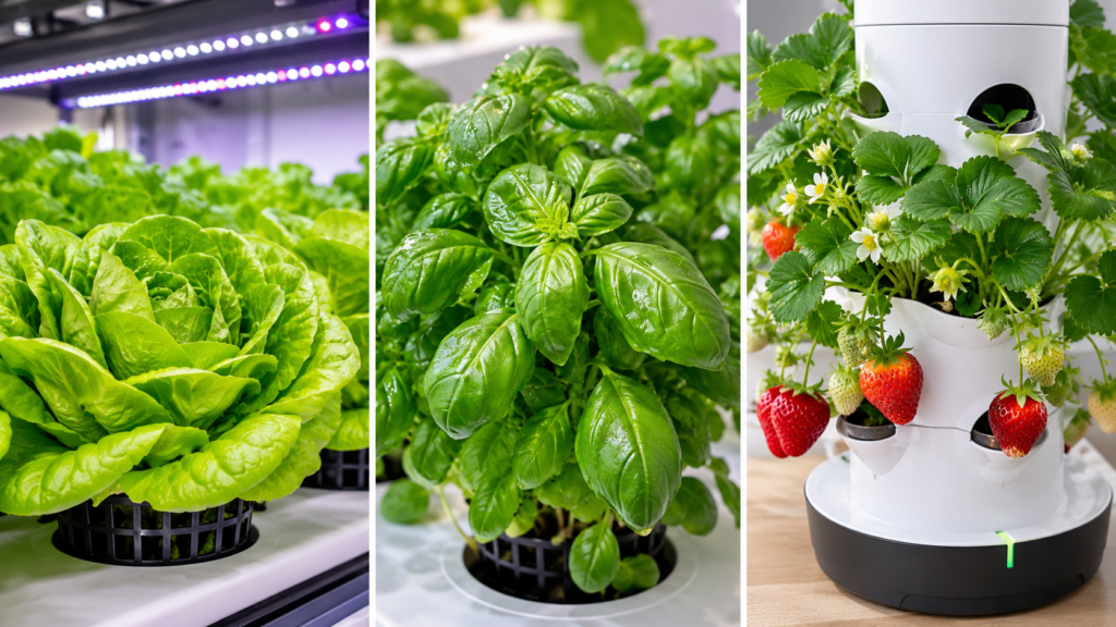 Best plants for hydroponics beginners — lush lettuce heads, fresh basil, and strawberry plants growing in hydroponic systems under LED grow lights