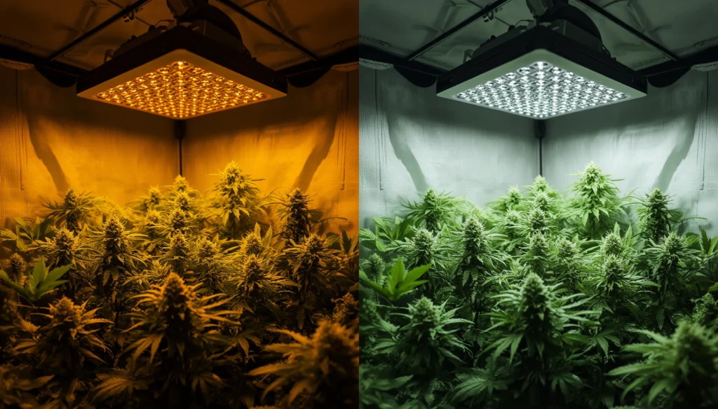 Best grow lights comparison showing LED and HPS grow light setups in indoor growing environments