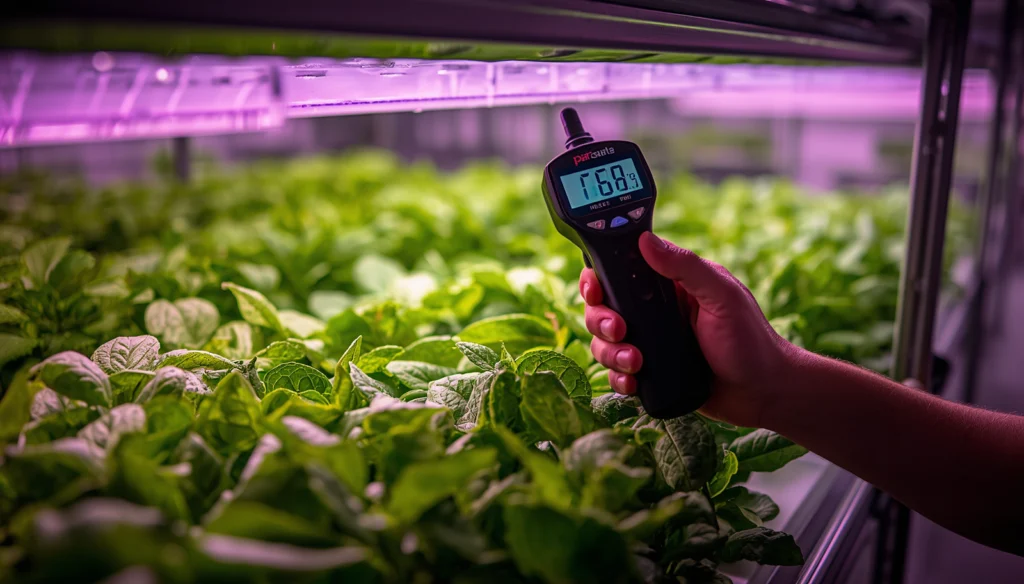 Best grow lights setup with PAR meter measuring PPFD levels in a hydroponic grow environment