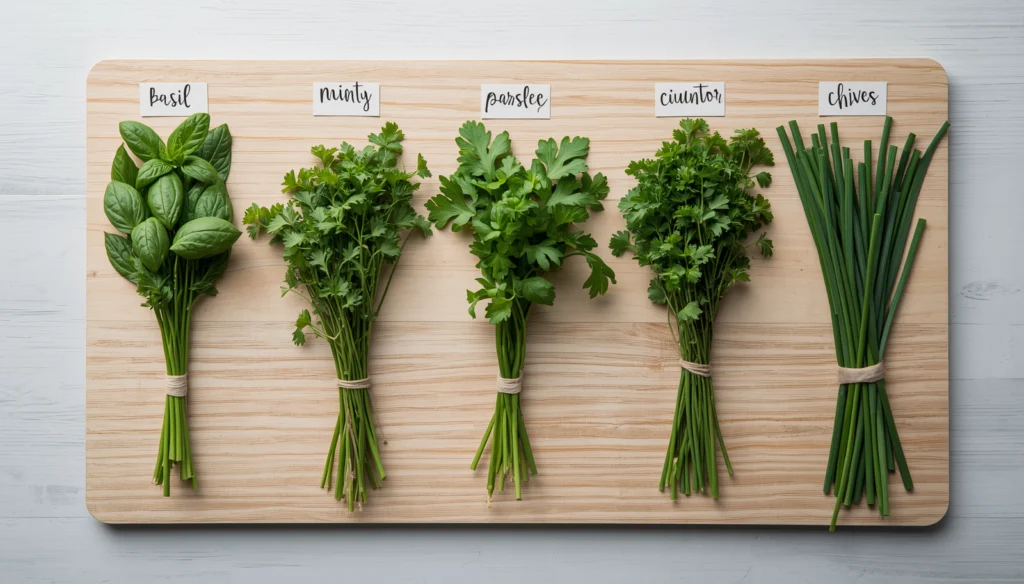 Five best herbs for indoor hydroponic garden systems — basil, mint, parsley, cilantro, and chives — freshly harvested and displayed