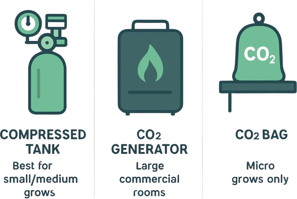 Comparison of CO2 delivery methods for grow rooms — compressed tank, CO2 generator, and CO2 bag