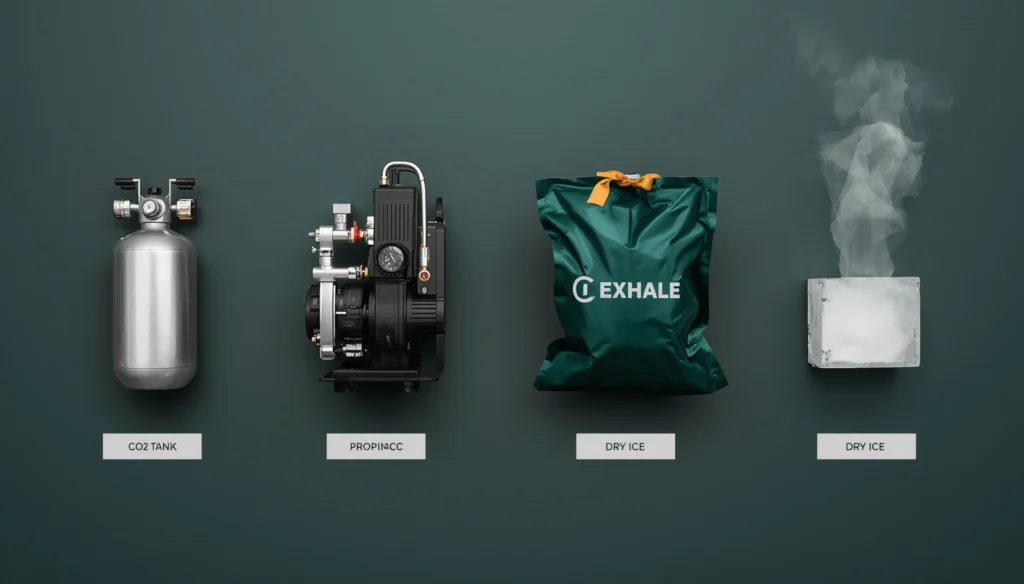 Comparison of CO₂ delivery methods for grow rooms including compressed tank, CO₂ generator, CO₂ bag, and dry ice