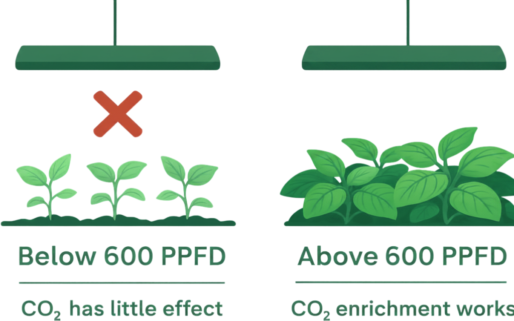 PPFD threshold for CO₂ enrichment in hydroponics showing 600 µmol/m²/s minimum light requirement