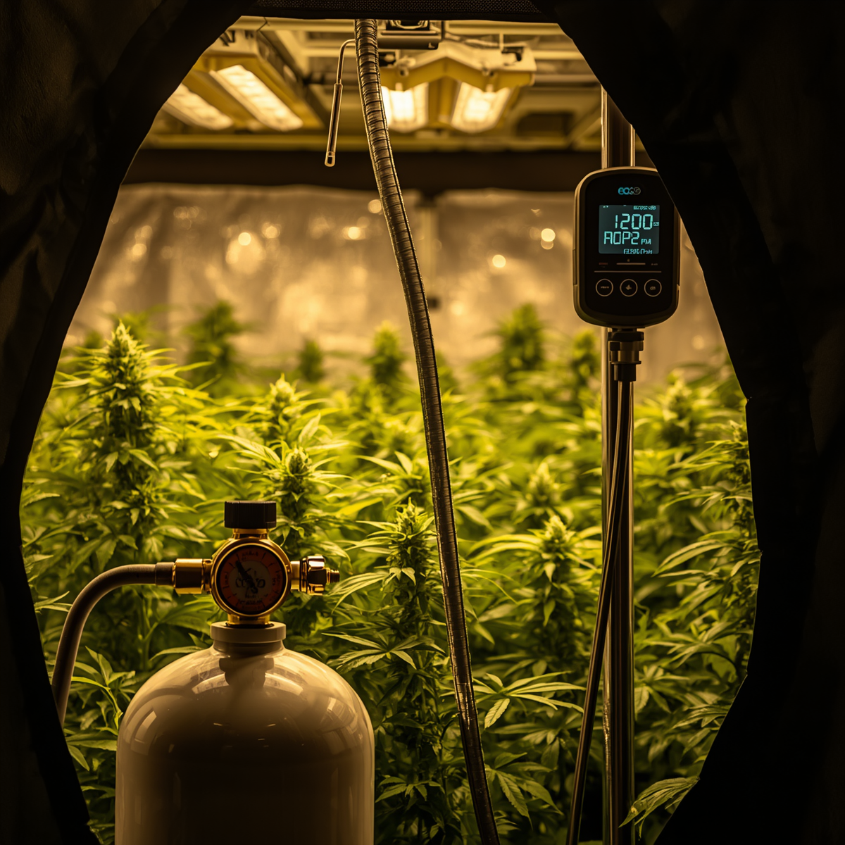 CO2 grow room setup with compressed tank, regulator, and CO2 monitor showing 1200 ppm in a hydroponic tent