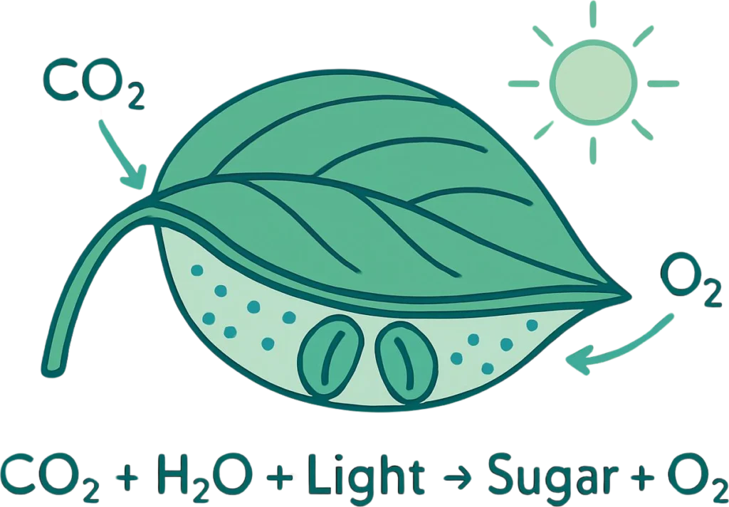 Diagram showing CO2 entering plant stomata during photosynthesis in a hydroponic grow room