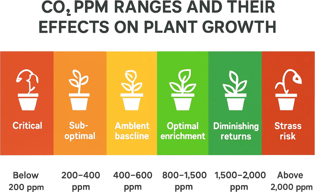 CO2 PPM level chart for grow rooms showing optimal enrichment range of 1000 to 1500 ppm for indoor plants