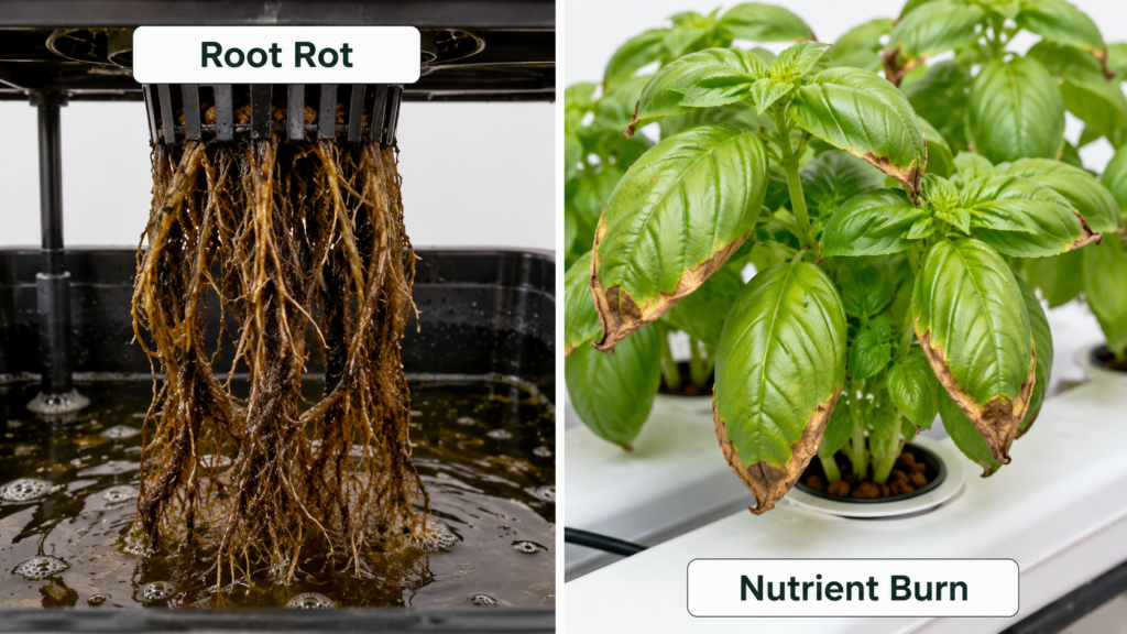 Common hydroponics beginner mistakes — brown slimy roots indicating root rot in a DWC system alongside leaf tip burn from nutrient toxicity