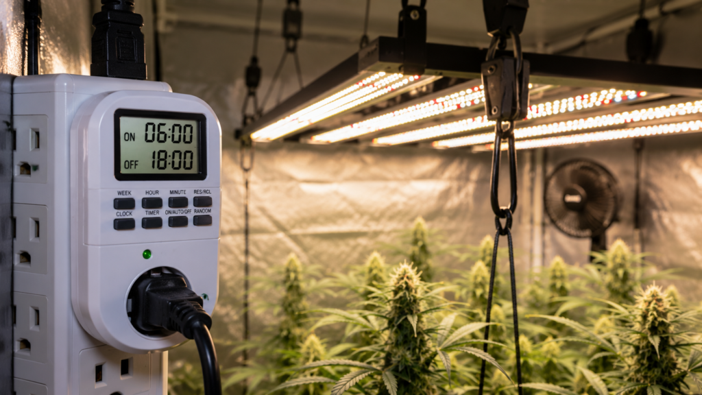 Digital programmable timer set for 12/12 grow light schedule in a hydroponic flowering grow tent
