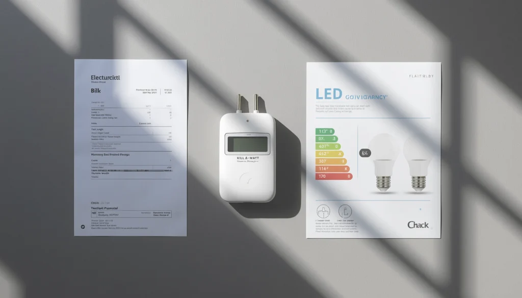 Tools for calculating grow light electricity cost — utility bill, watt meter, and light spec sheet