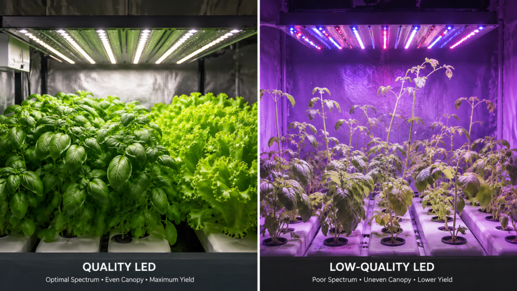 Side-by-side comparison of hydroponic plant canopy quality under a high-PPFD LED grow light versus a low-quality budget LED