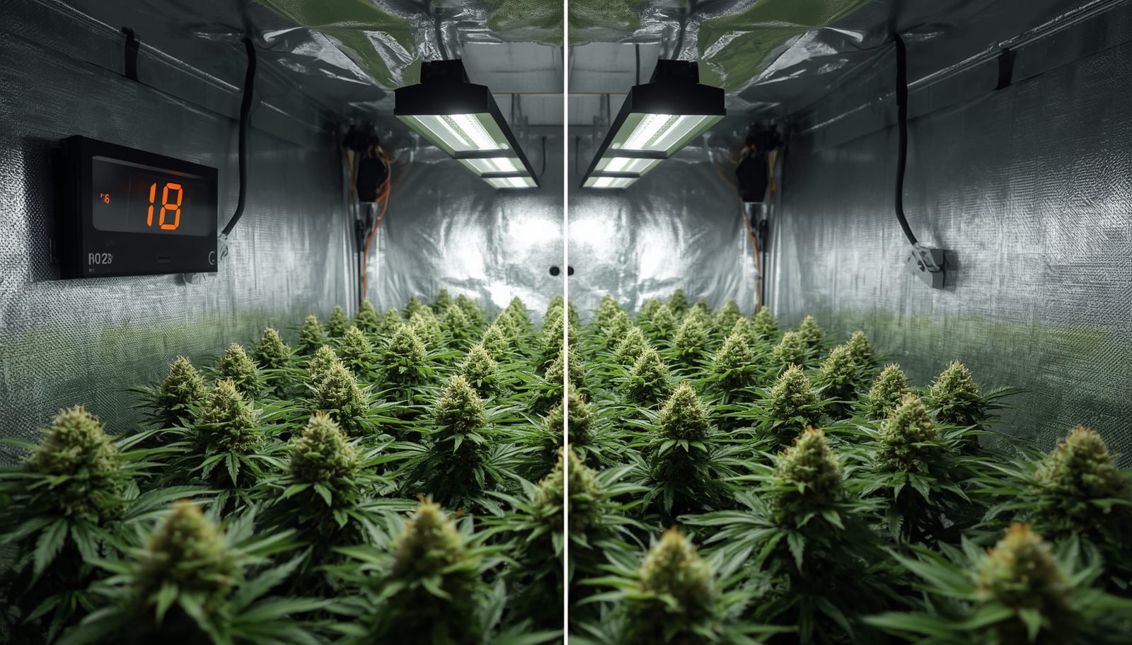 Grow light schedule comparison showing 18/6 vegetative setup and 12/12 flowering setup inside a hydroponic grow tent