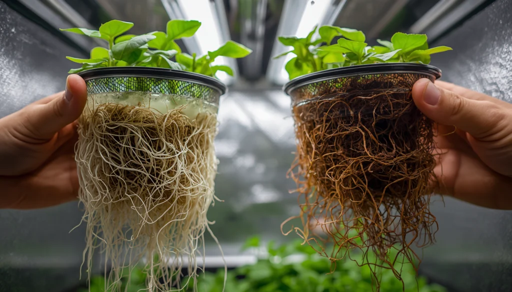 Comparison of healthy hydroponic roots and Pythium root rot in DWC system