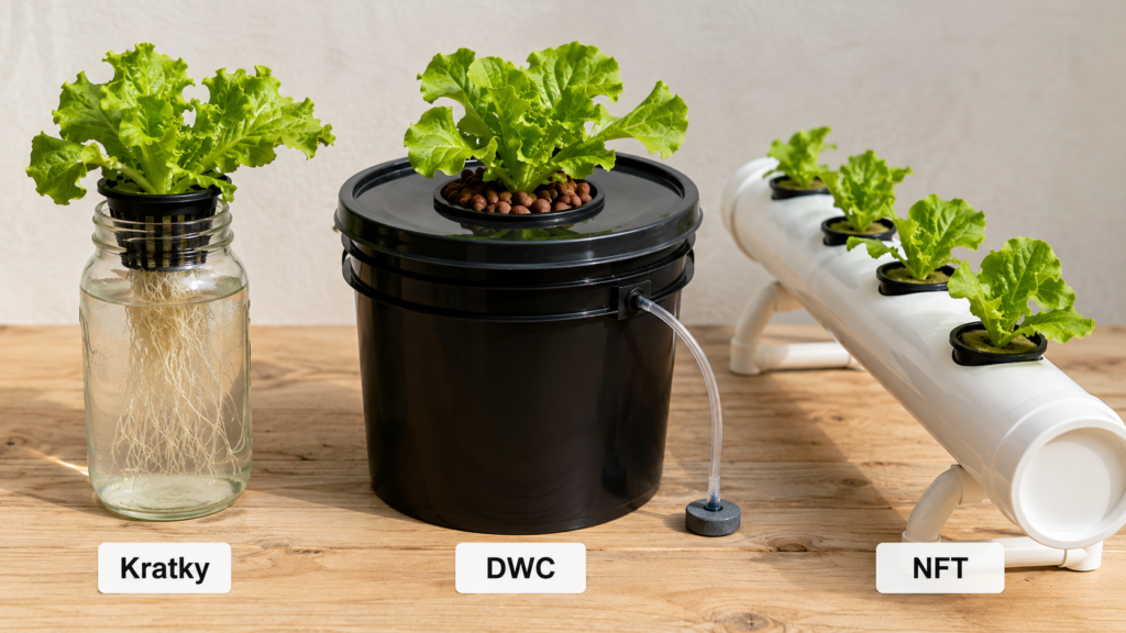 Side-by-side comparison of three beginner hydroponic systems — DWC bucket, Kratky mason jar, and NFT channel with lettuce roots visible.