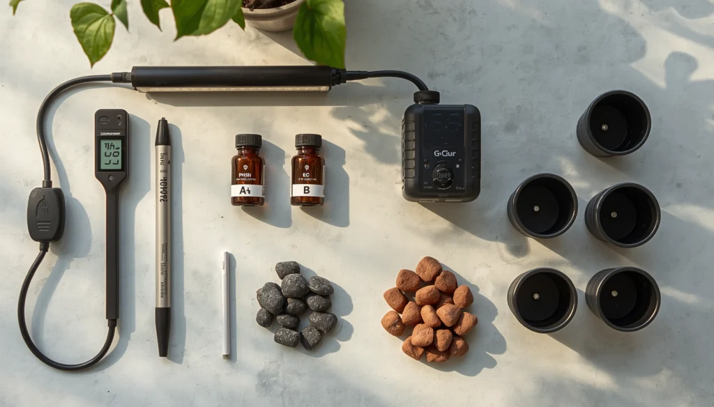 Essential hydroponics for beginners equipment laid out — pH meter, EC pen, nutrient bottles, air pump, net pots, clay pebbles, and a full-spectrum LED grow light