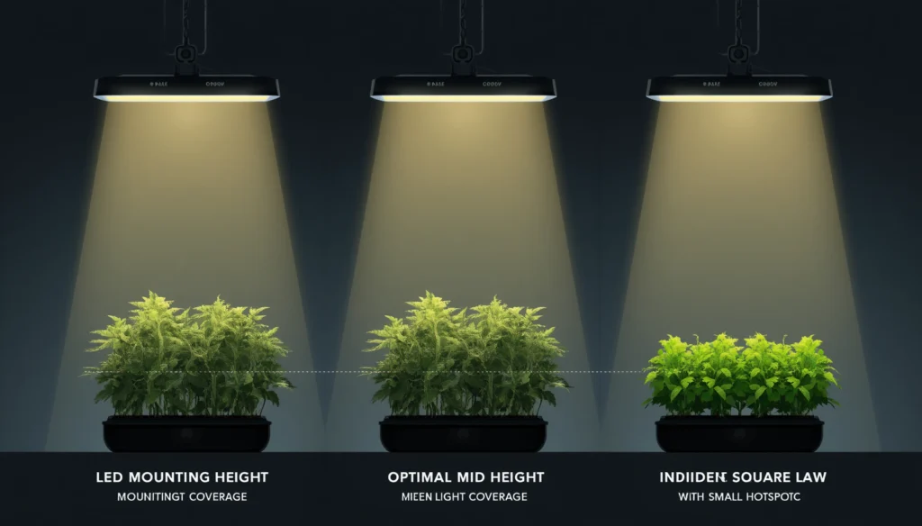 Diagram showing how mounting height affects PPFD intensity according to the inverse square law in a hydroponic grow tent