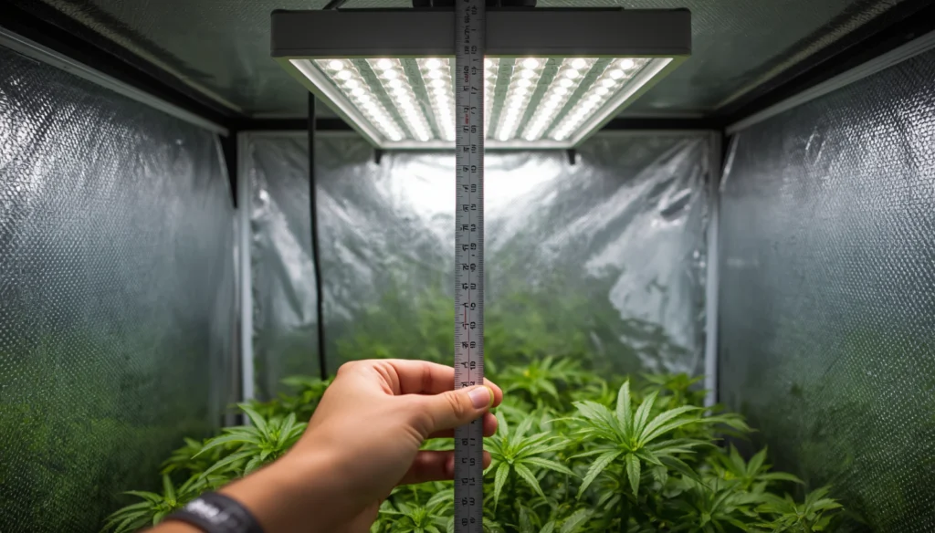 Measuring LED grow light distance from plant canopy to prevent light burn in a hydroponic grow tent