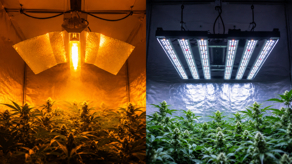 LED vs HPS grow light electricity cost comparison—modern LED panel versus traditional HPS bulb