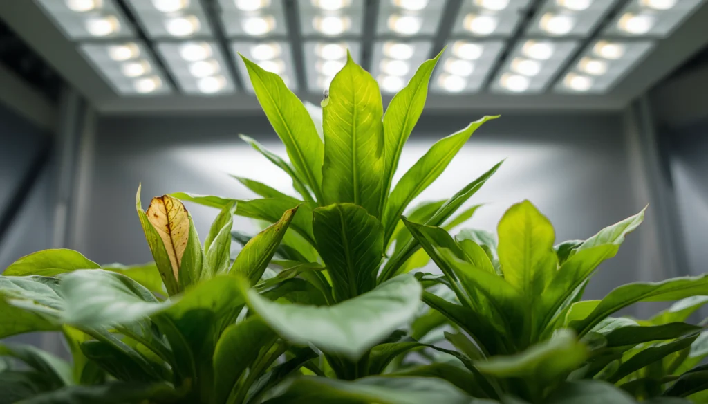 Hydroponic plant recovering from light burn showing new healthy green growth above previously damaged leaves