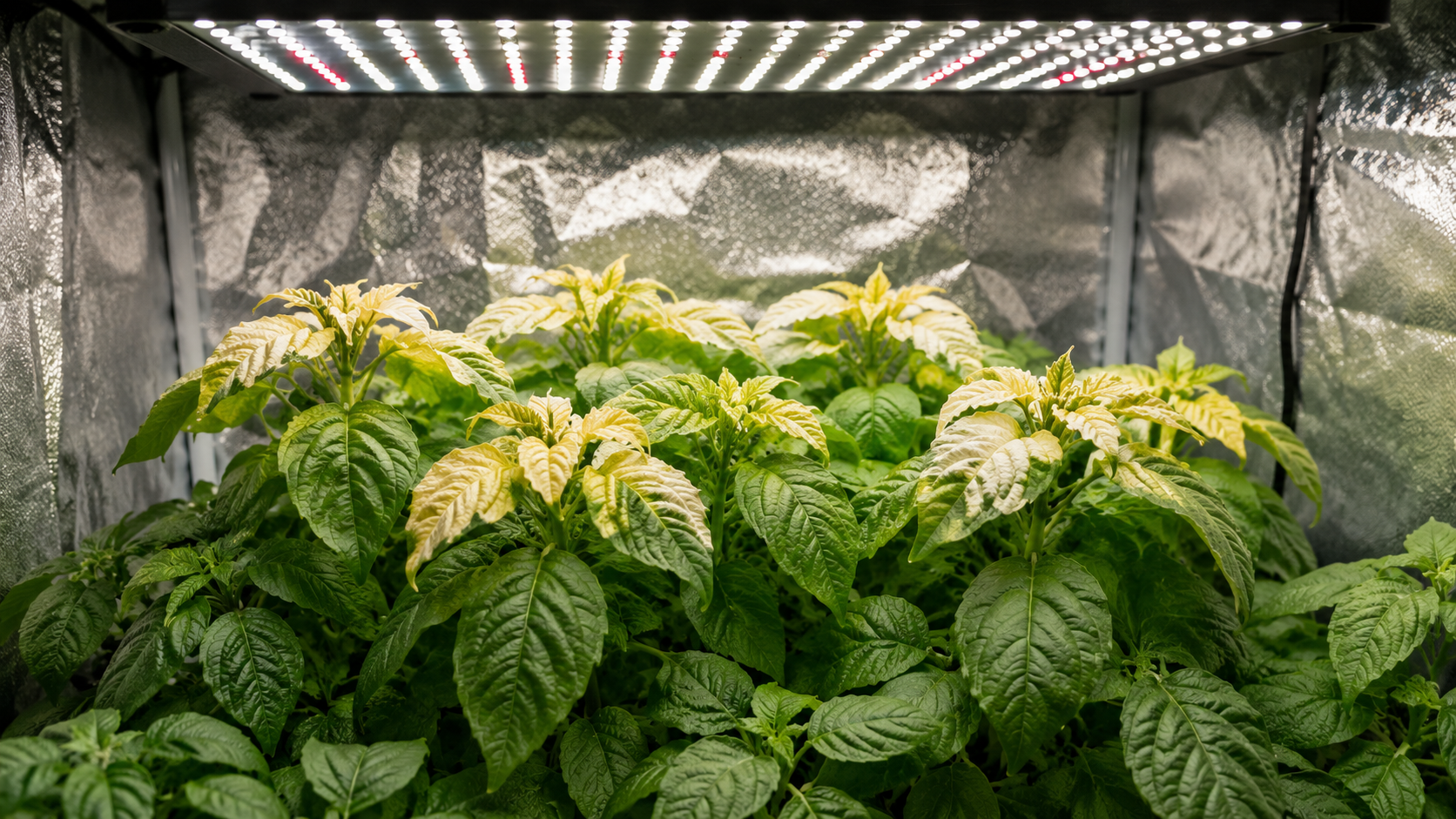 Light burn on plants showing yellowing and bleached upper leaves under LED grow light in a hydroponic grow tent