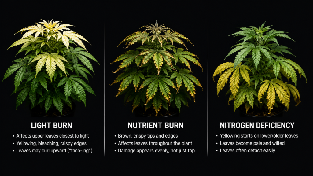 Comparison diagram showing light burn vs nutrient burn vs nitrogen deficiency symptoms on hydroponic plants