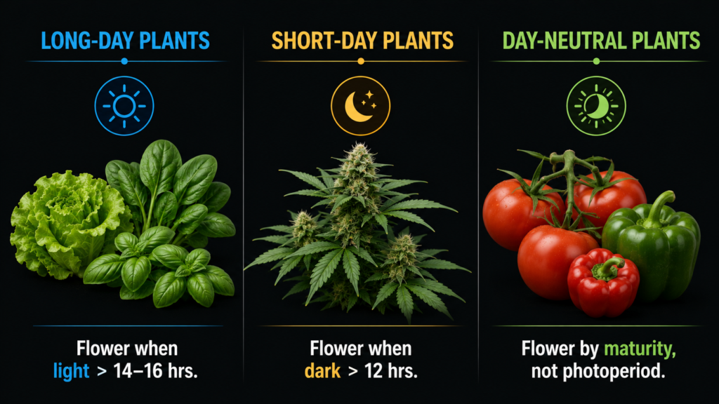 A diagram showing long-day, short-day, and day-neutral plant types and their grow light schedule requirements for hydroponics