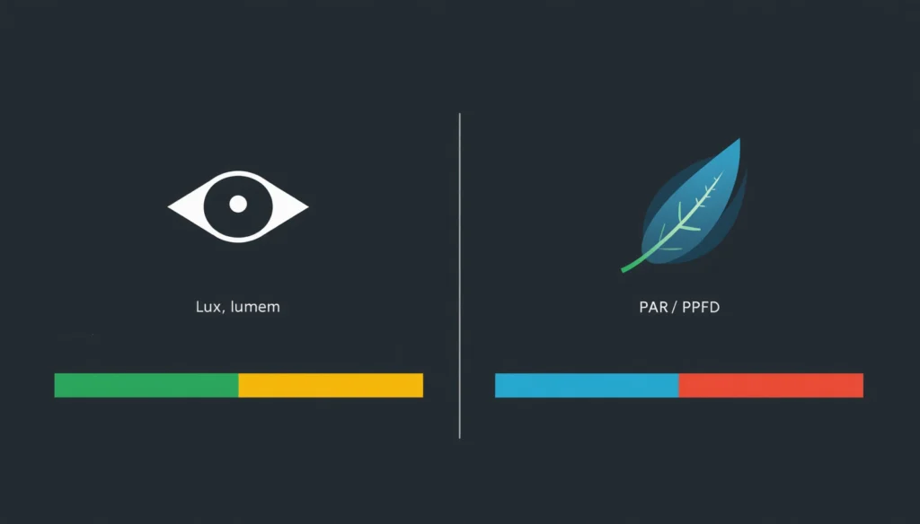 PAR versus lux comparison diagram showing why lumens and lux undercount red and blue plant light wavelengths