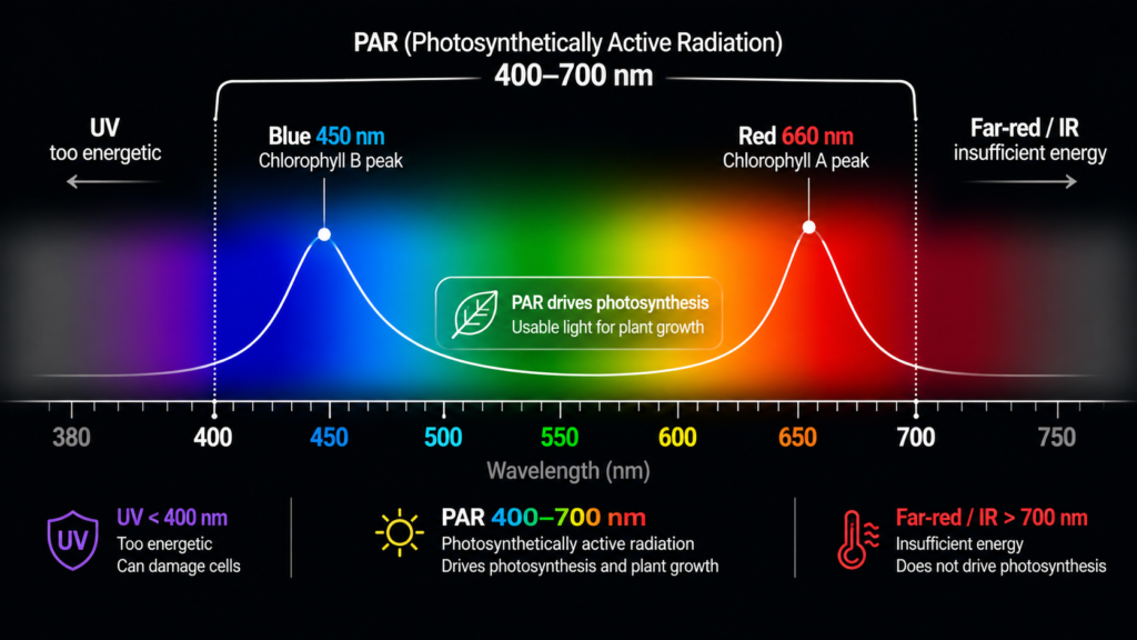 PAR wavelength spectrum diagram showing 400–700nm photosynthetically active radiation range with chlorophyll absorption peaks