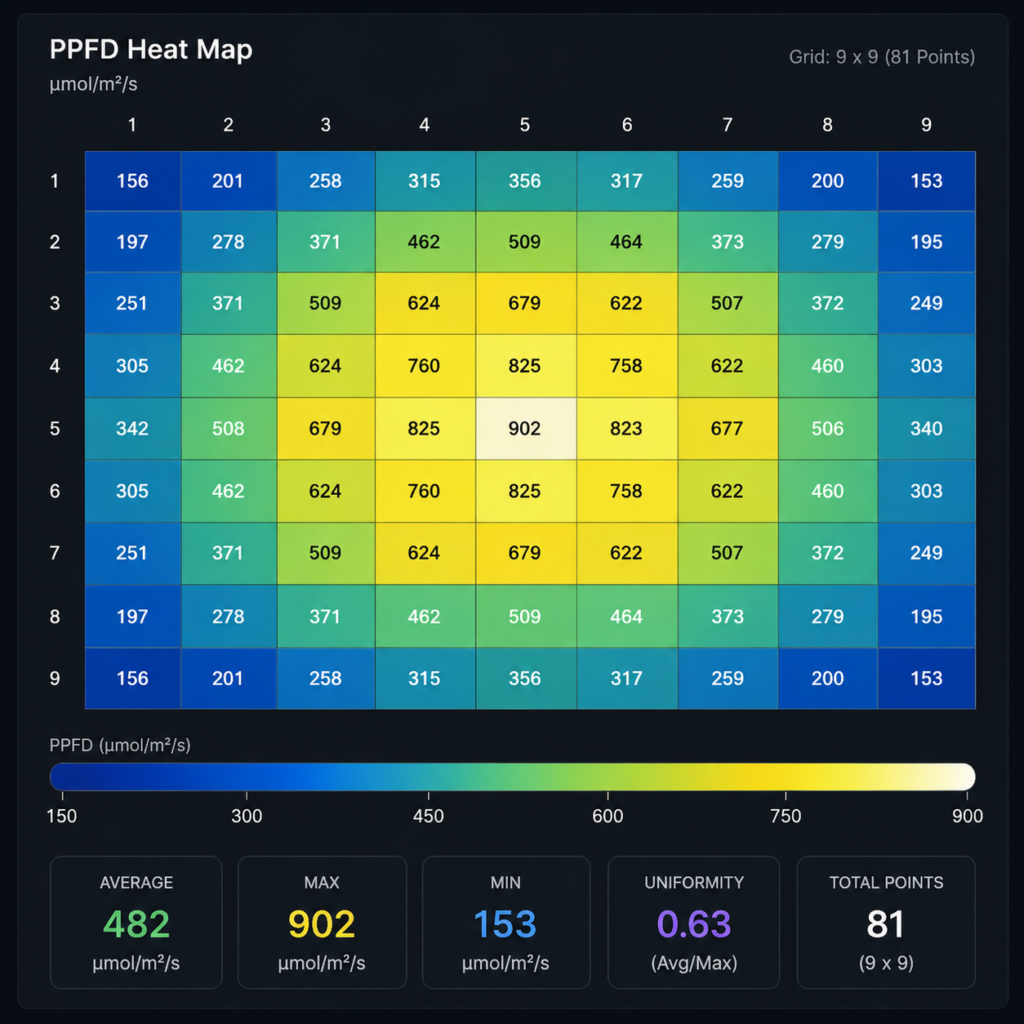 PPFD canopy heat map grid showing light distribution uniformity across 81 canopy points in a hydroponic grow space