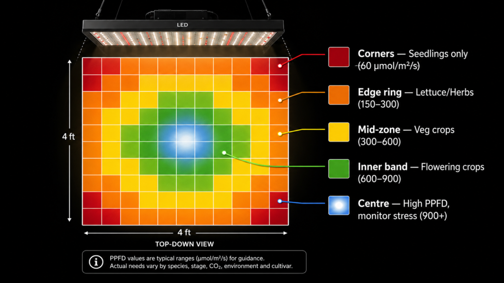 PPFD map zone colour guide showing crop placement recommendations from corners to centre of a hydroponic grow canopy