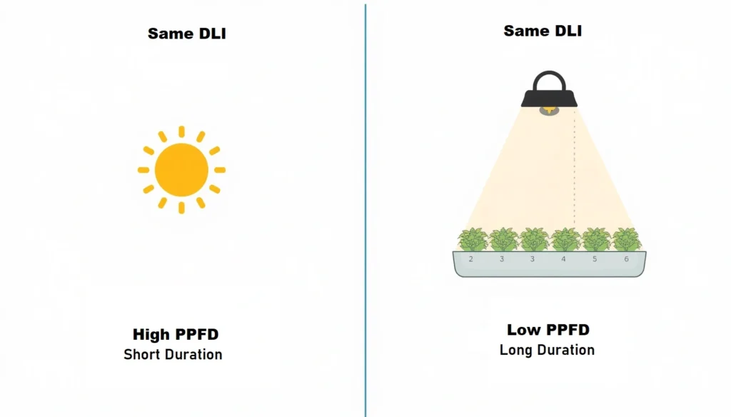 Diagram showing how PPFD and photoperiod combine to produce the same daily light integral (DLI)