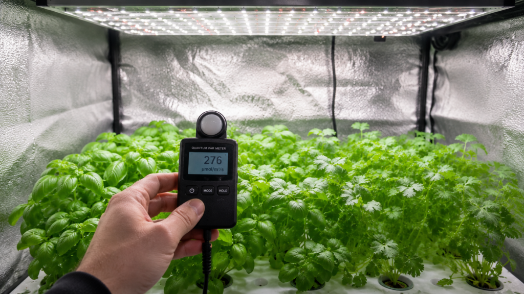 Using a quantum PAR meter to measure PPFD for plants in a hydroponic herb growing system