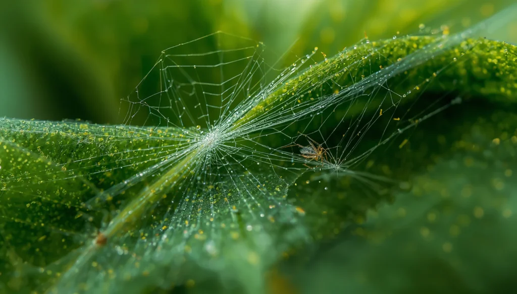 Spider mite webbing on hydroponic plant leaf — key sign in hydroponic pest identification