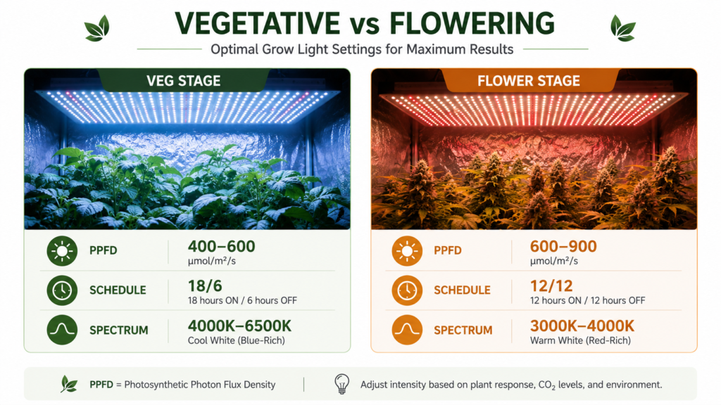 Comparison of vegetative and flowering stage grow light settings — PPFD, spectrum and schedule