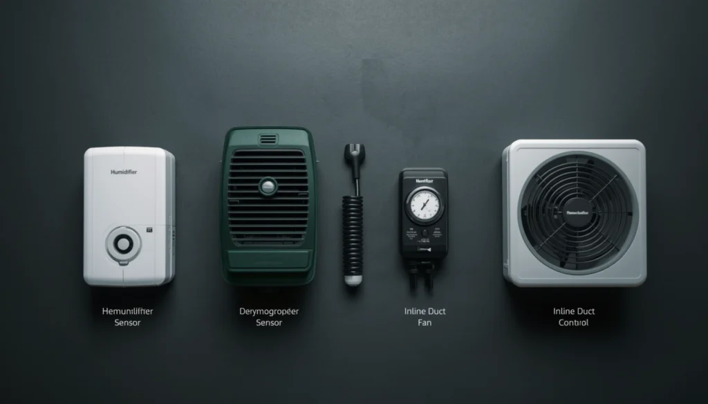 Equipment for controlling VPD in a hydroponic grow room including humidifier, dehumidifier, and inline fan