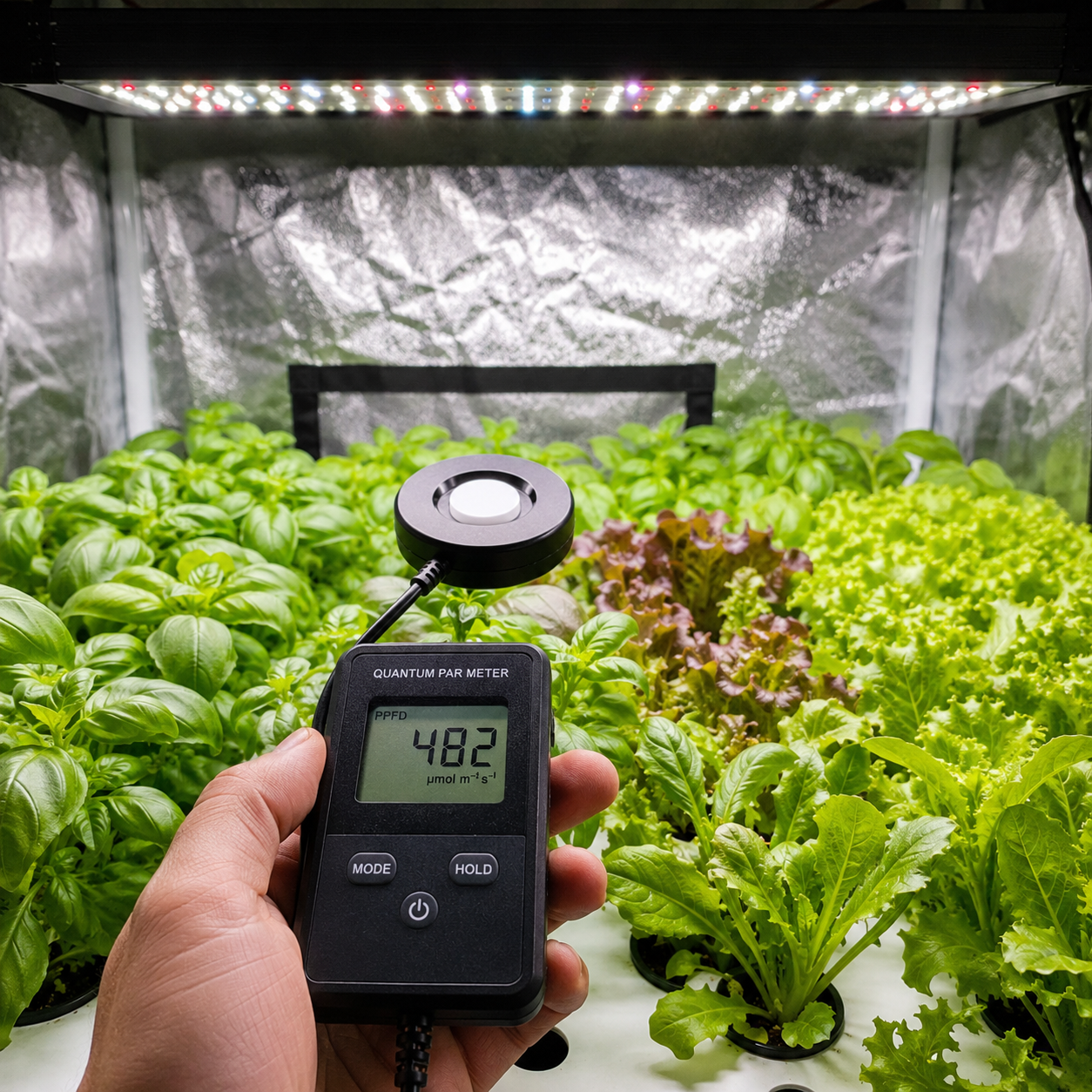 What is PAR light — quantum PAR meter measuring PPFD above a hydroponic herb canopy under LED grow lighting