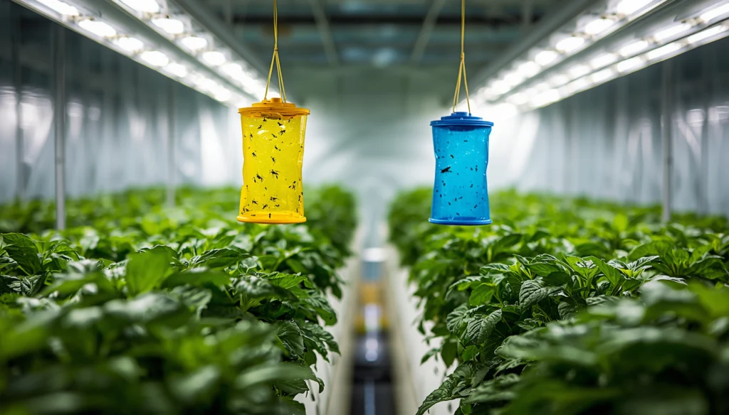Yellow and blue sticky traps used for hydroponic pest identification scouting in indoor grow tent