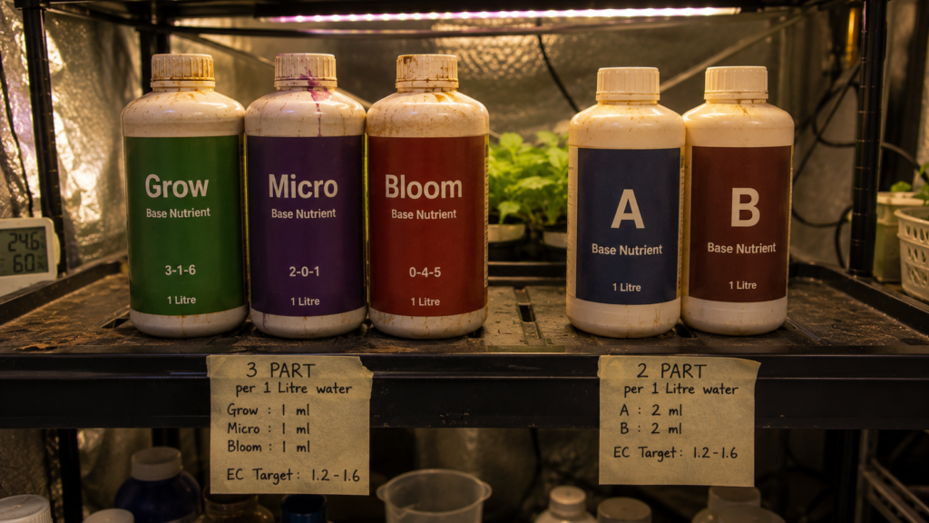 3-part hydroponic nutrient bottles next to a 2-part base system
