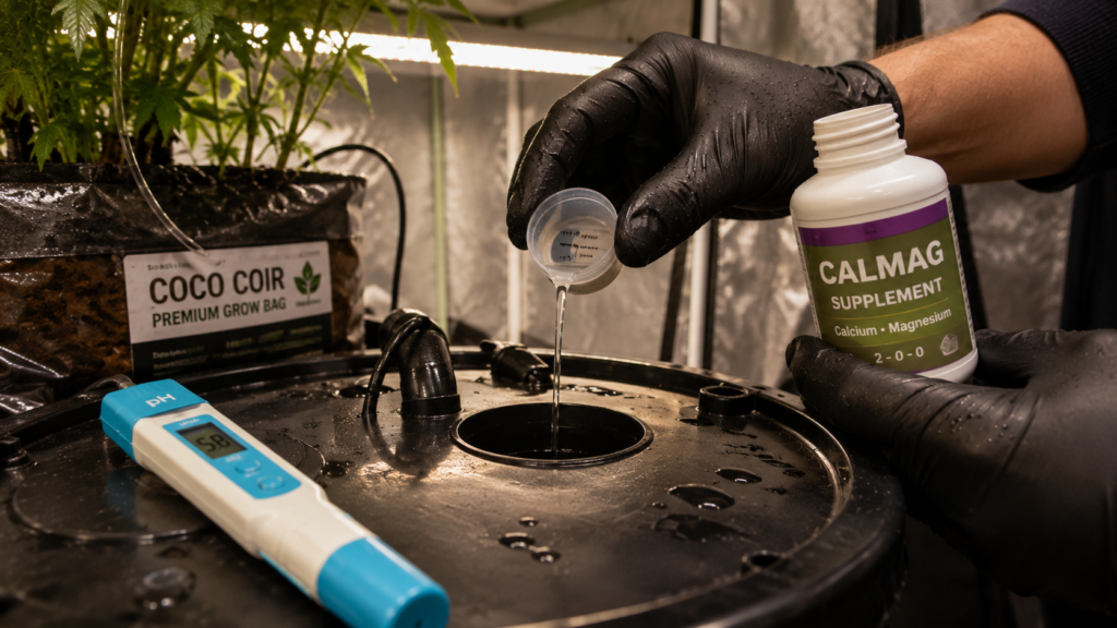 adding CalMag supplement to hydroponic reservoir with coco coir setup