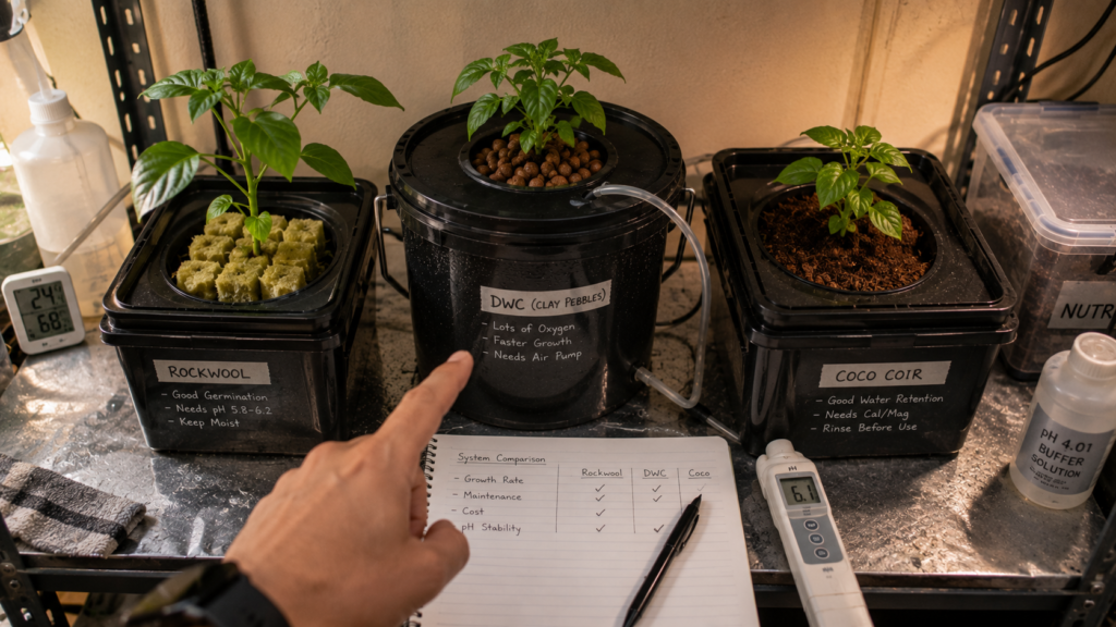 Grower comparing rockwool, clay pebbles, and coco coir setups to decide which hydroponic media to use